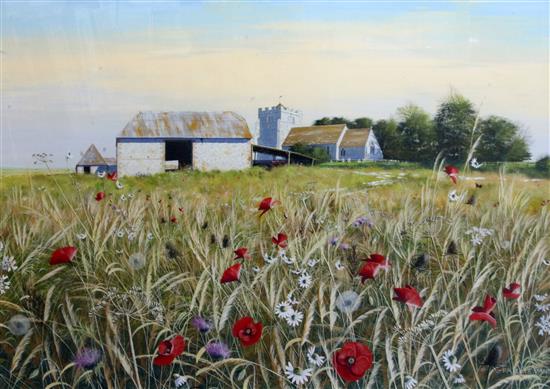 Paul Evans (1954-) Church, flint barn and poppies in a cornfield 27 x 37in.